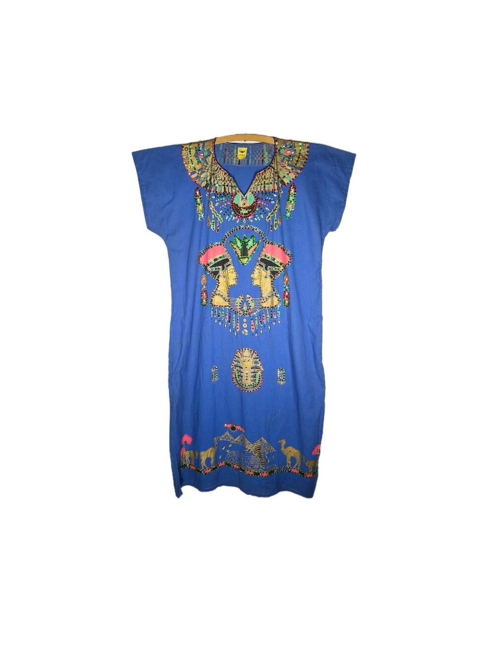 Vtg 70s Sequin Egypt Caftan Blue Cotton OOAK Ancient Gold Screenprint L XL